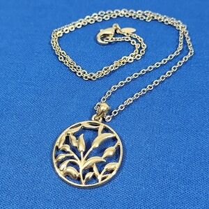 Flower Plant Necklace Round Laser Cut‎ Gold Tone Stamped SHA